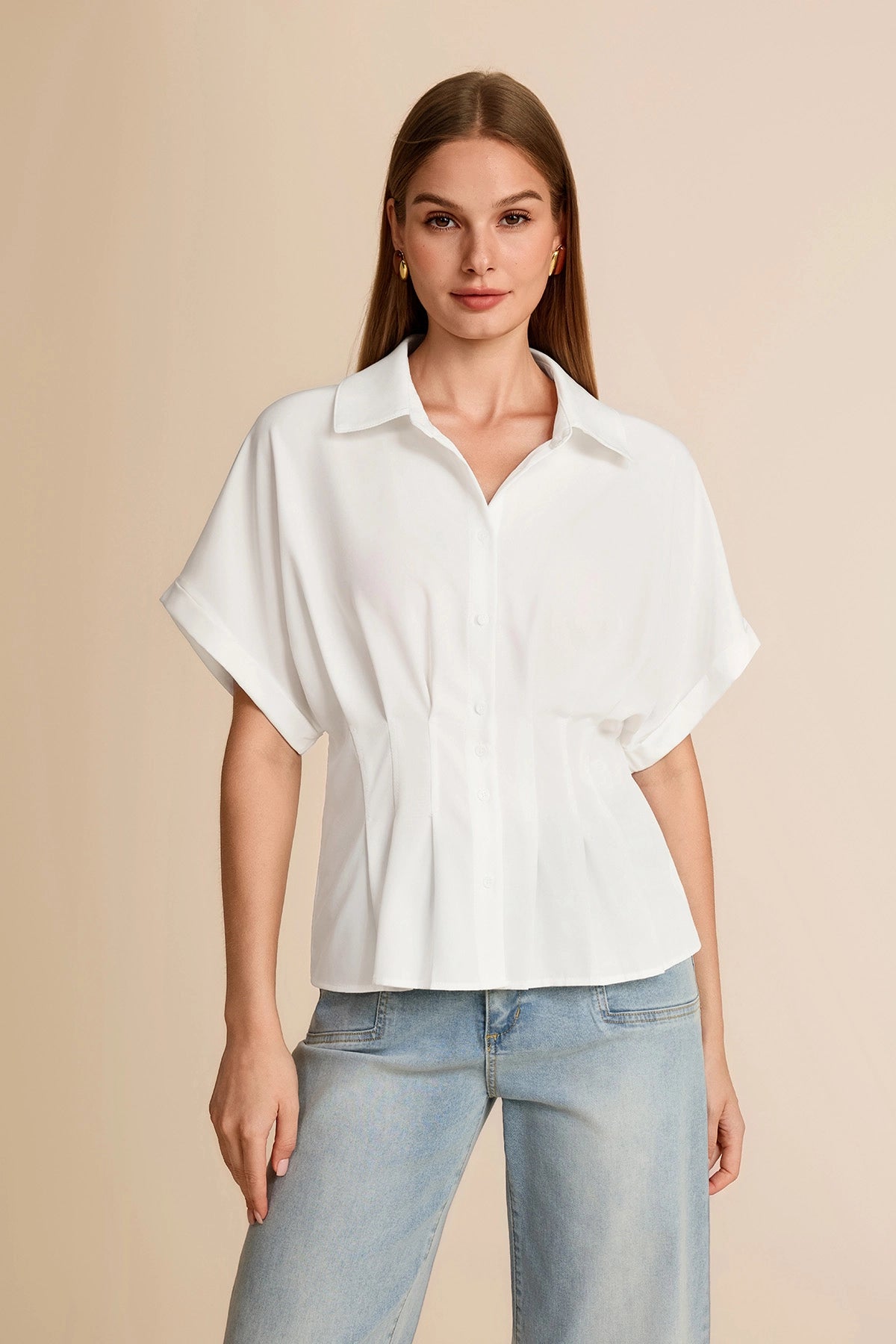 Cicy Bell Womens White Pleated Button-Down Shirt