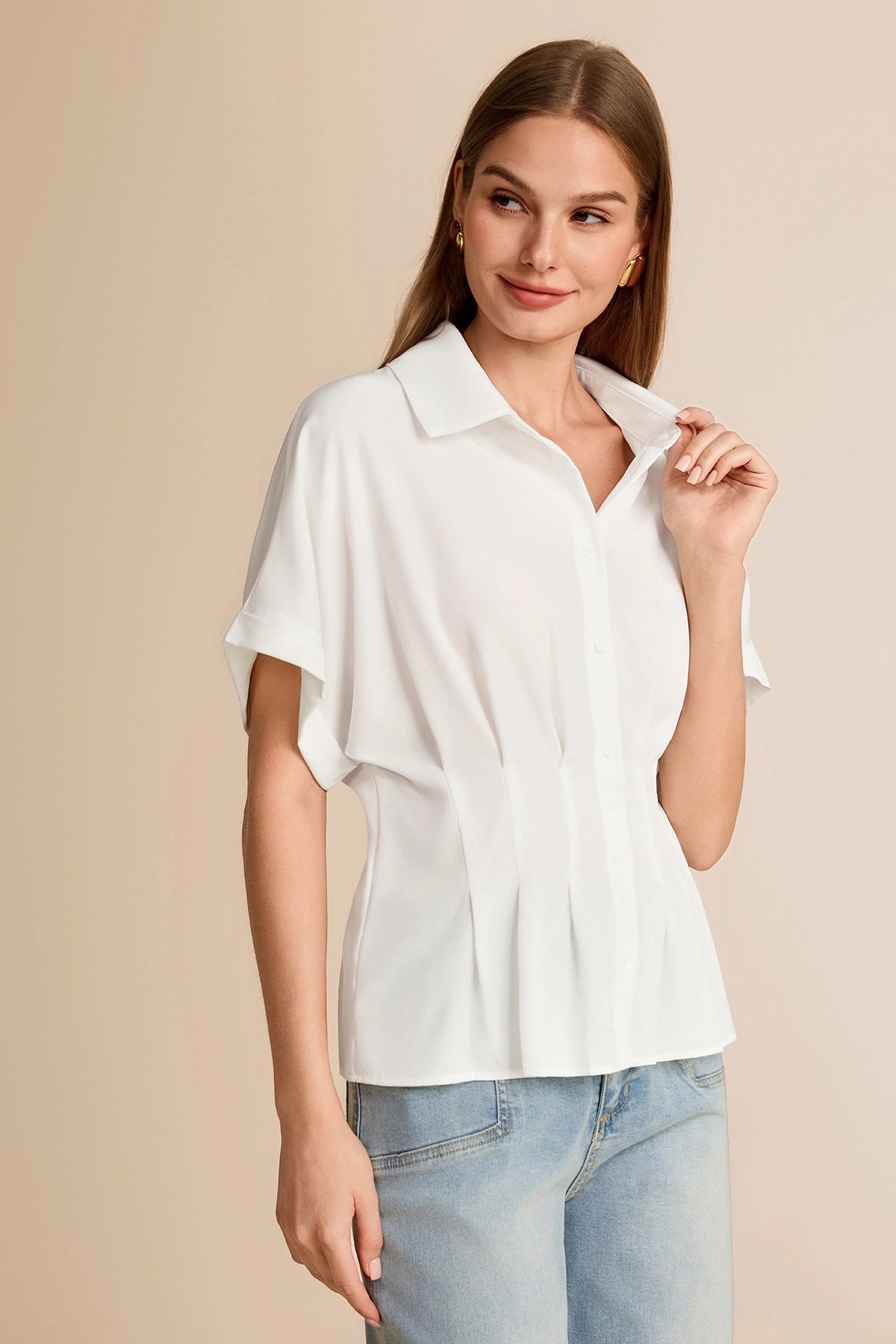 Cicy Bell Womens White Pleated Button-Down Shirt