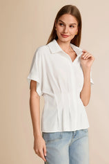 Cicy Bell Womens White Pleated Button-Down Shirt