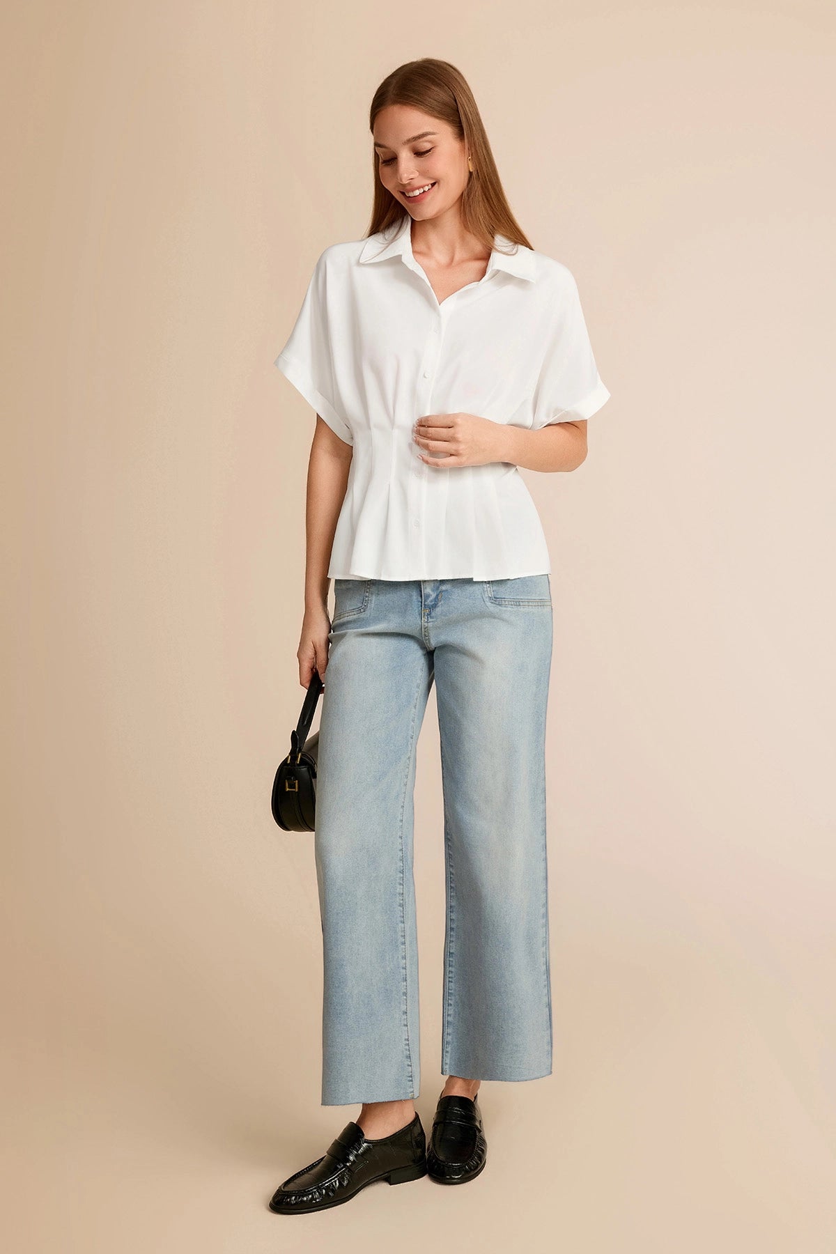 Cicy Bell Womens White Pleated Button-Down Shirt