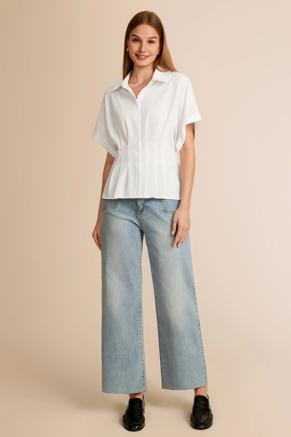 Cicy Bell Womens White Pleated Button-Down Shirt