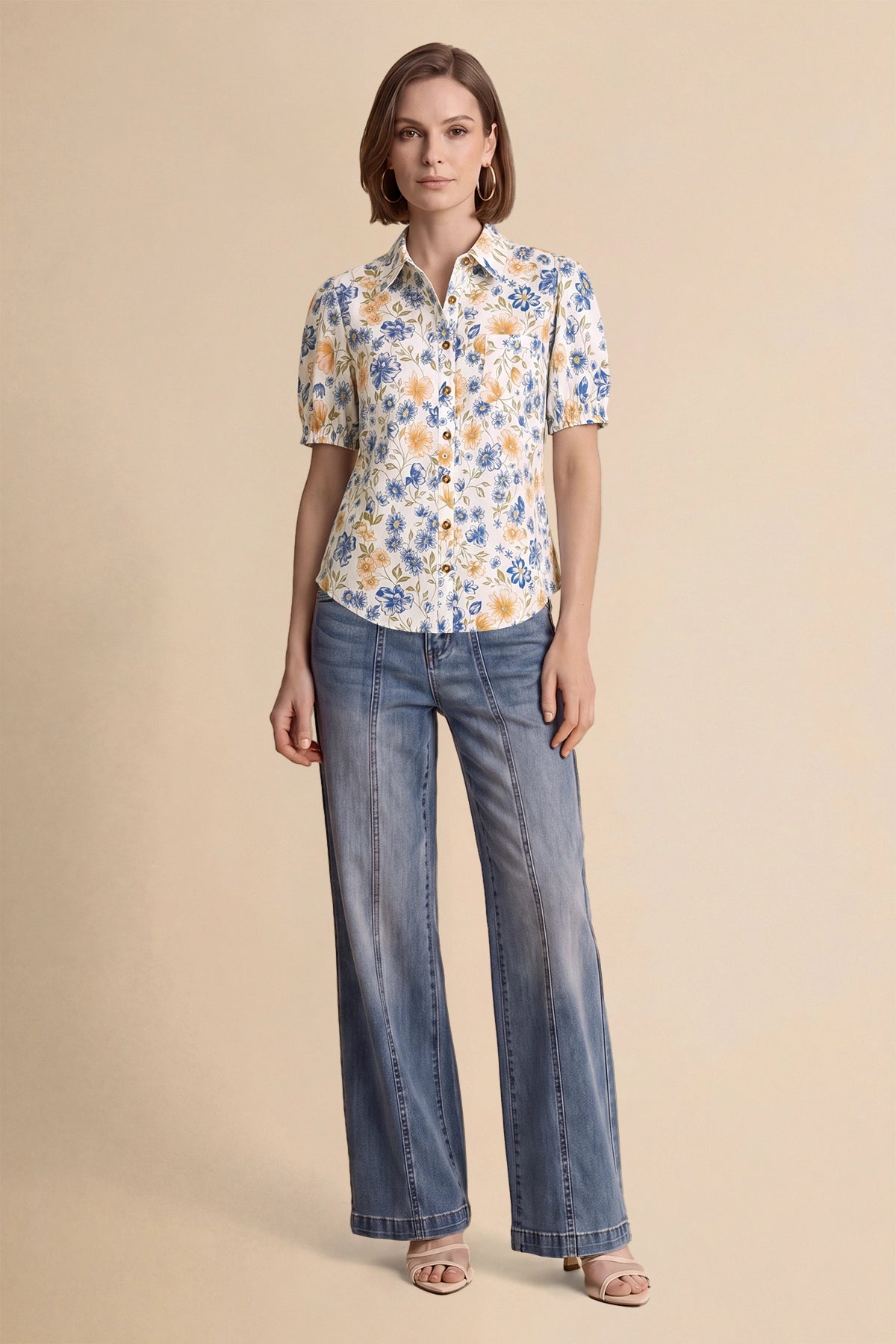 Womens White Floral Printed Button Down Shirts | CicyBell