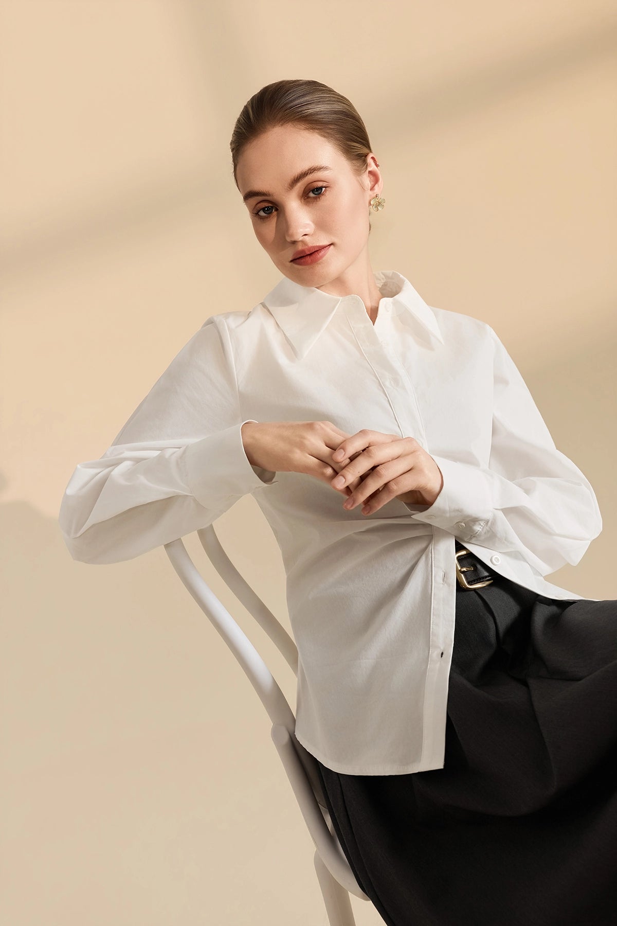 Womens White Ruched Button Down Shirts | CicyBell
