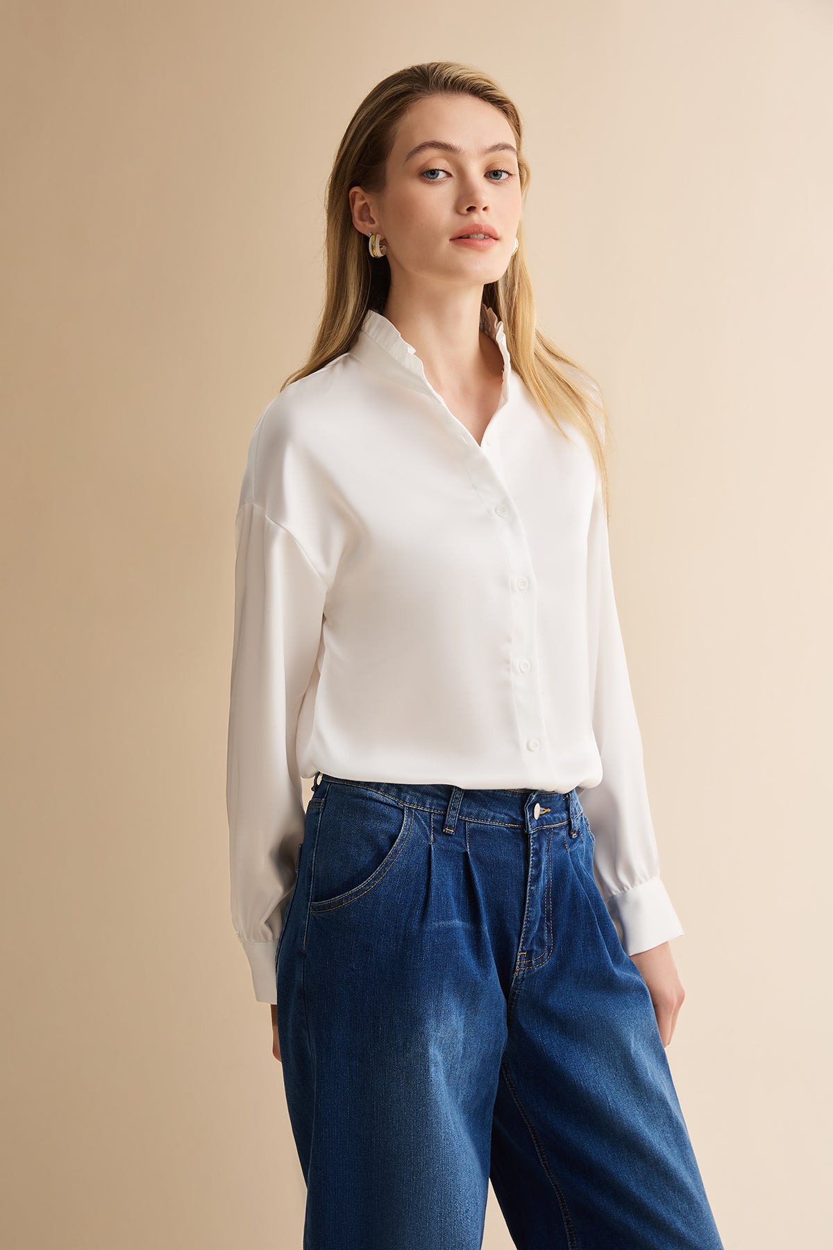 Womens White Ruffle Collar Satin Blouses | CicyBell