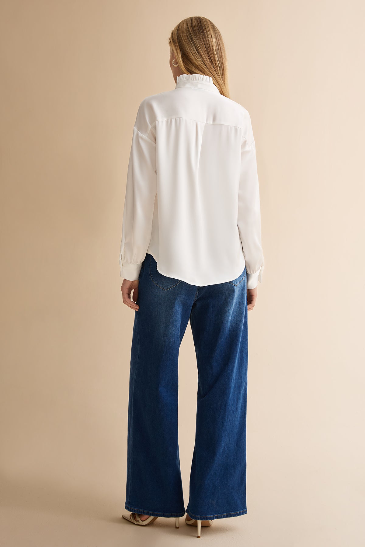 Womens White Ruffle Collar Satin Blouses | CicyBell