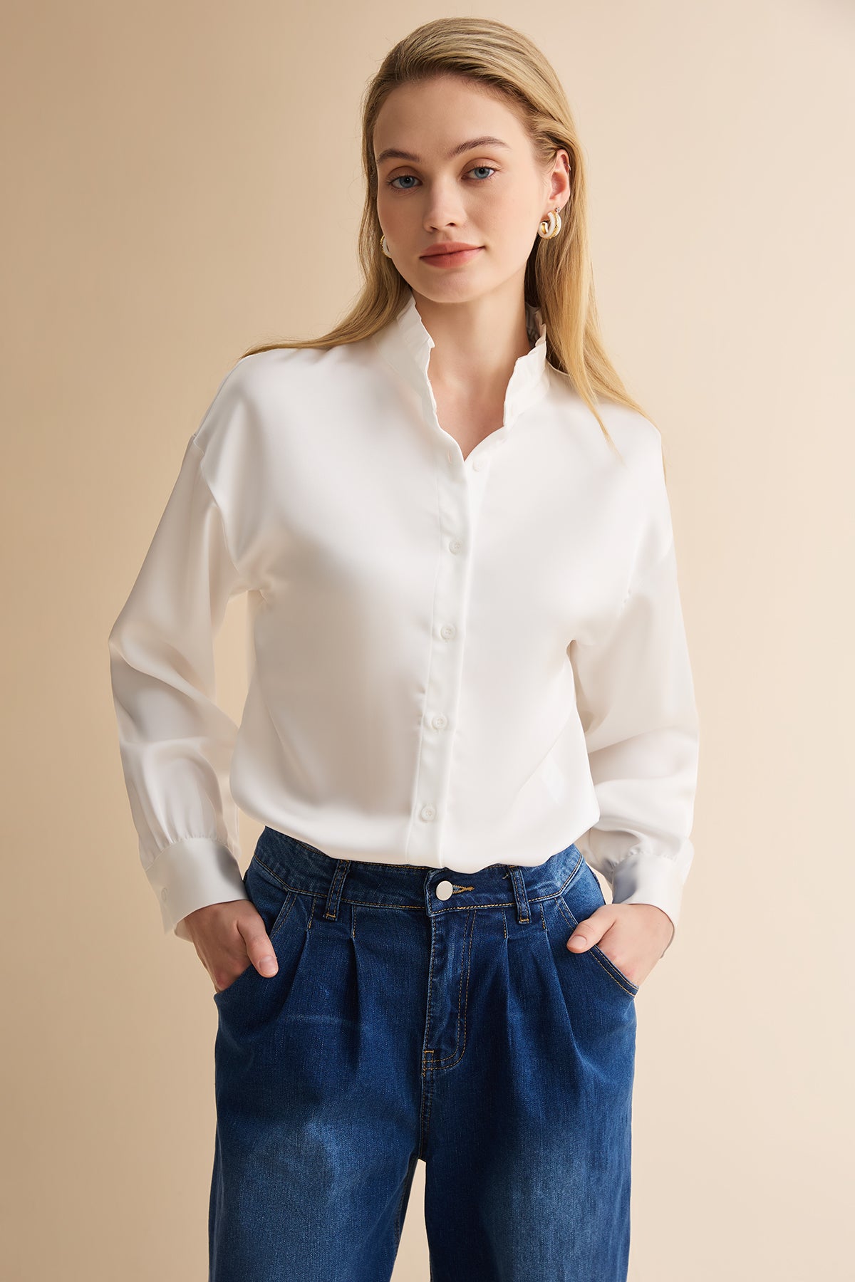 Womens White Ruffle Collar Satin Blouses | CicyBell