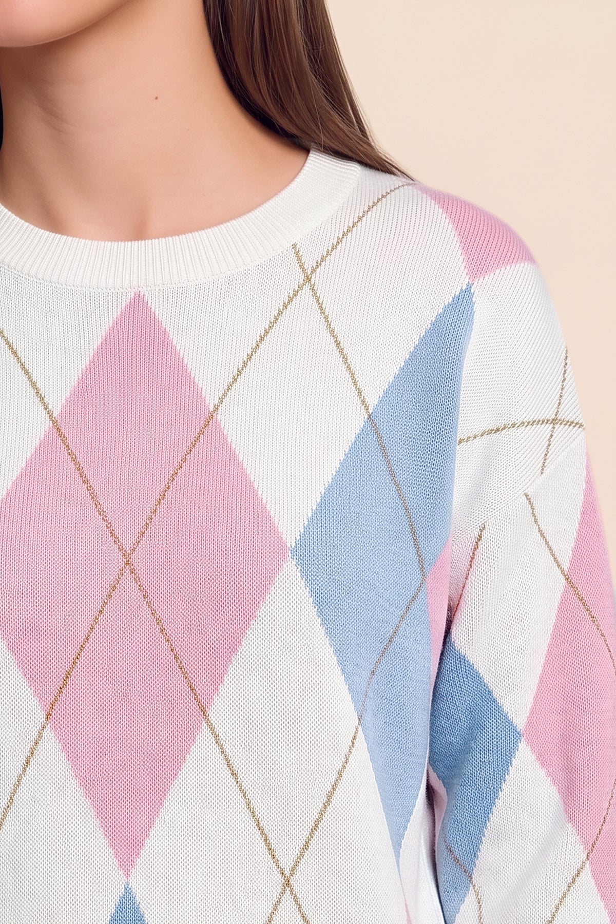 Womens White  Crew Neck Argyle Sweater | CicyBell