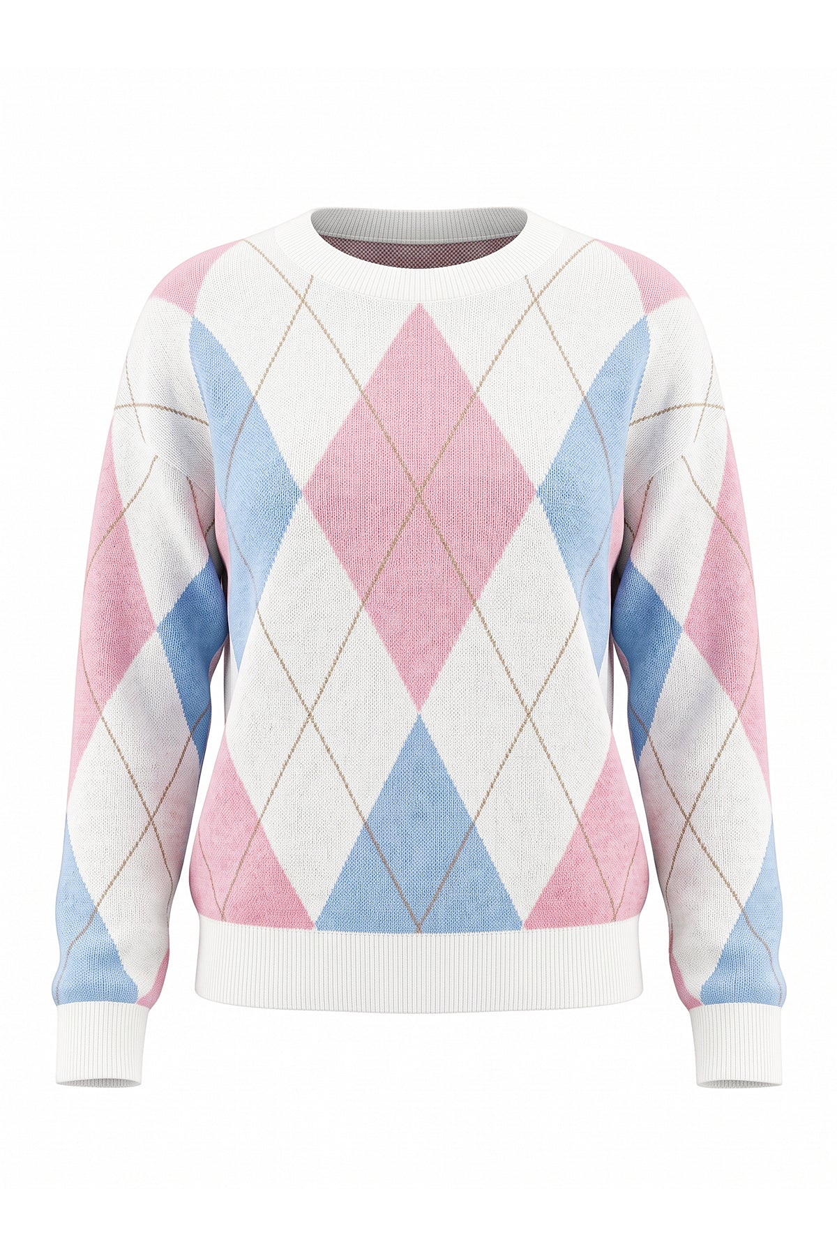 Womens White  Crew Neck Argyle Sweater | CicyBell