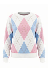 Womens White  Crew Neck Argyle Sweater | CicyBell