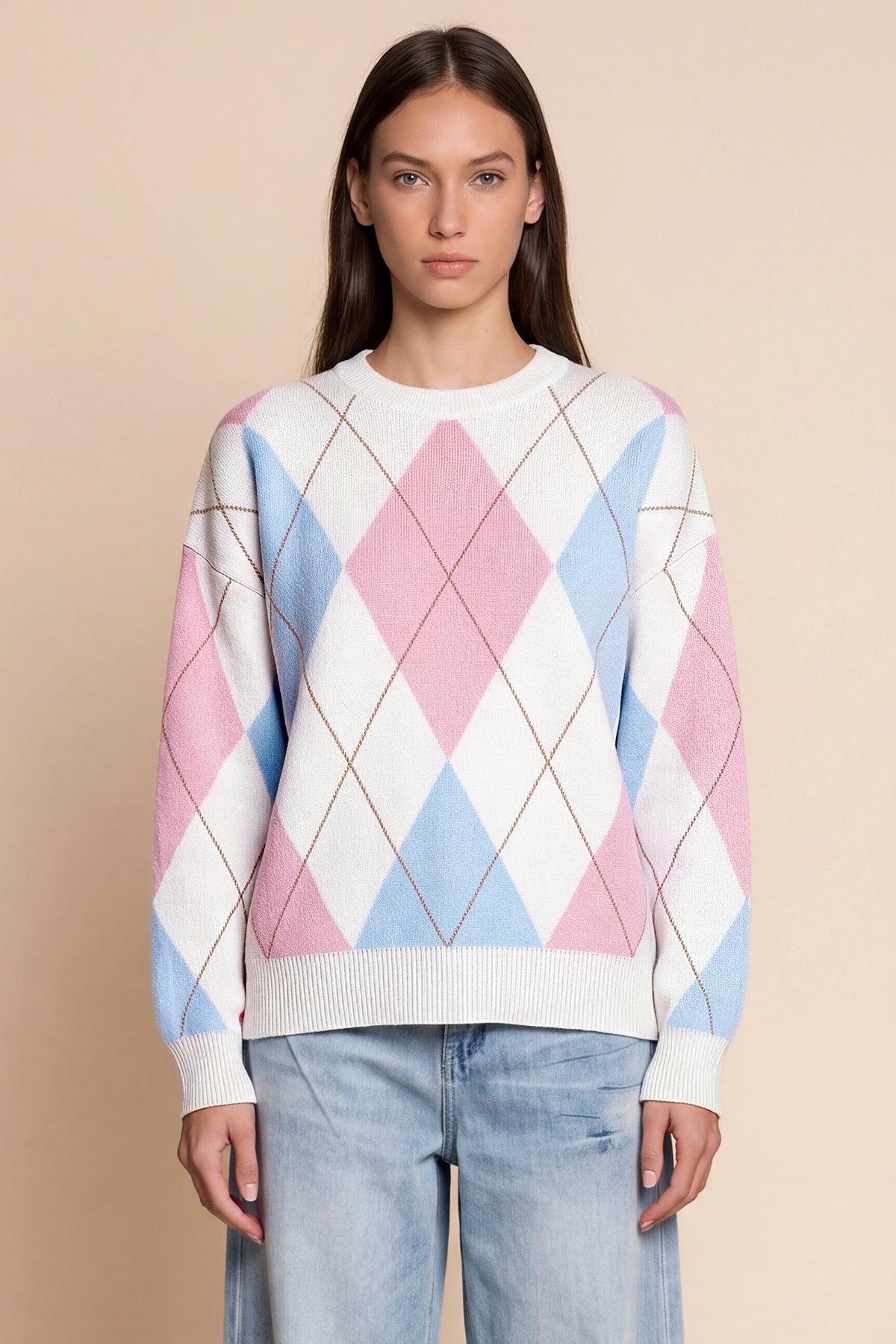 Womens White  Crew Neck Argyle Sweater | CicyBell