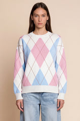 Womens White  Crew Neck Argyle Sweater | CicyBell