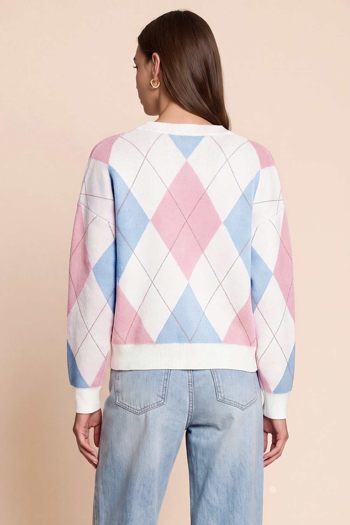 Womens White  Crew Neck Argyle Sweater | CicyBell