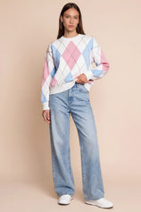 Womens White  Crew Neck Argyle Sweater | CicyBell
