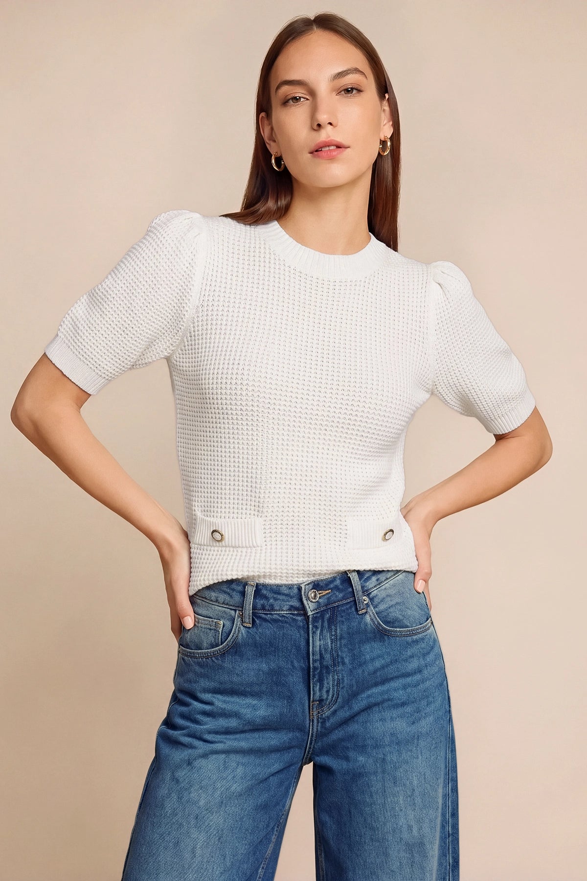 Womens White Puff Short Sleeve Sweaters Tops | CicyBell