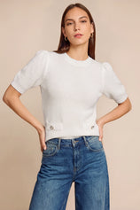 Womens White Puff Short Sleeve Sweaters Tops | CicyBell