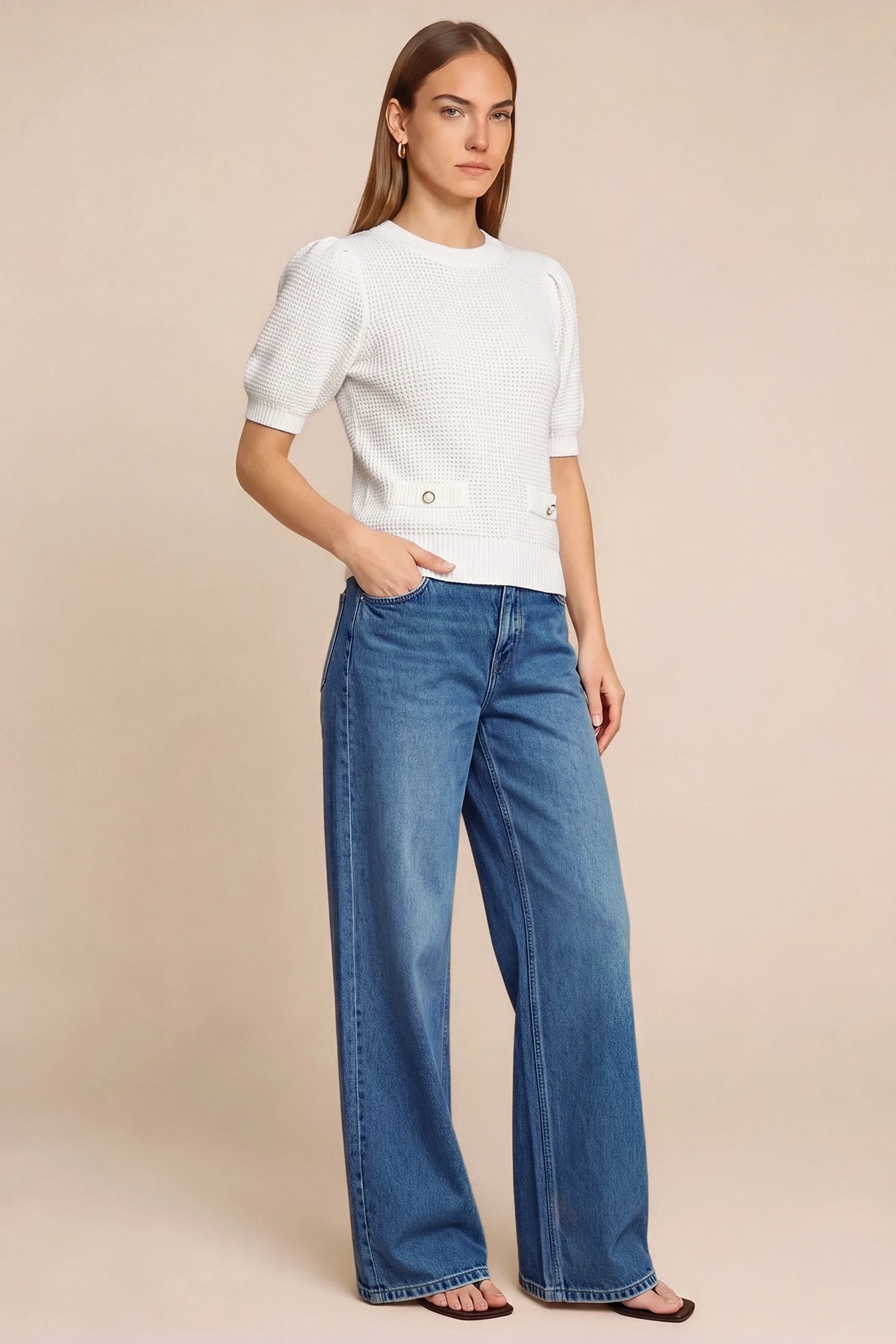 Womens White Puff Short Sleeve Sweaters Tops | CicyBell