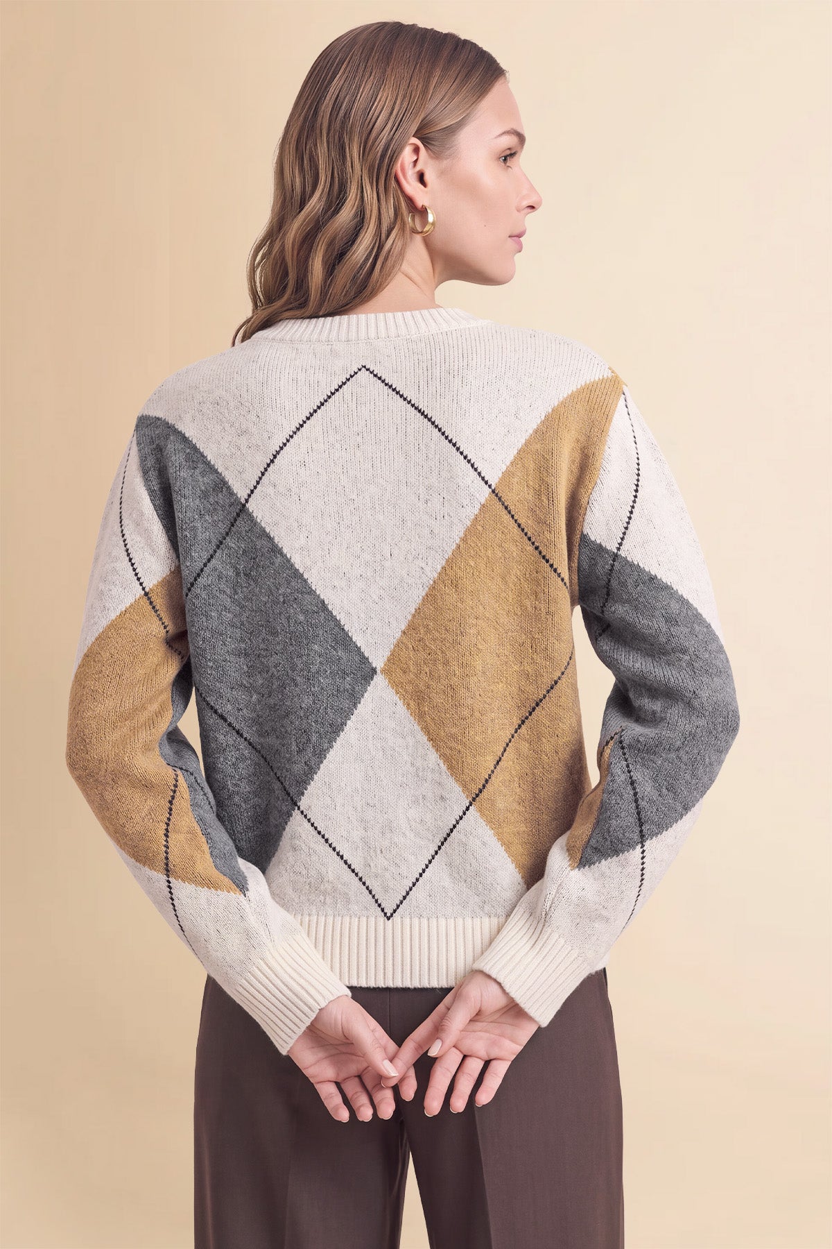 Womens White V Neck Argyle Sweaters | CicyBell