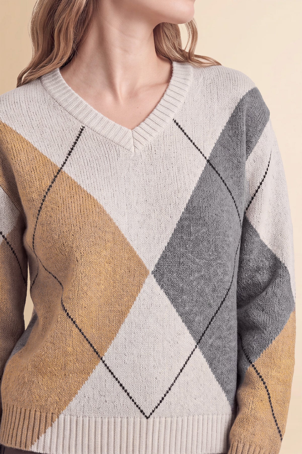 Womens White V Neck Argyle Sweaters | CicyBell