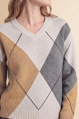 Womens White V Neck Argyle Sweaters | CicyBell