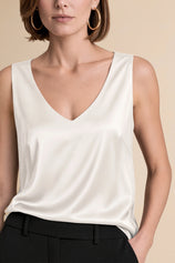 Womens White V Neck Satin Tank Tops  | CicyBell