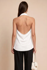 Women White Summer Satin Halter Tank Tops | CicyBell