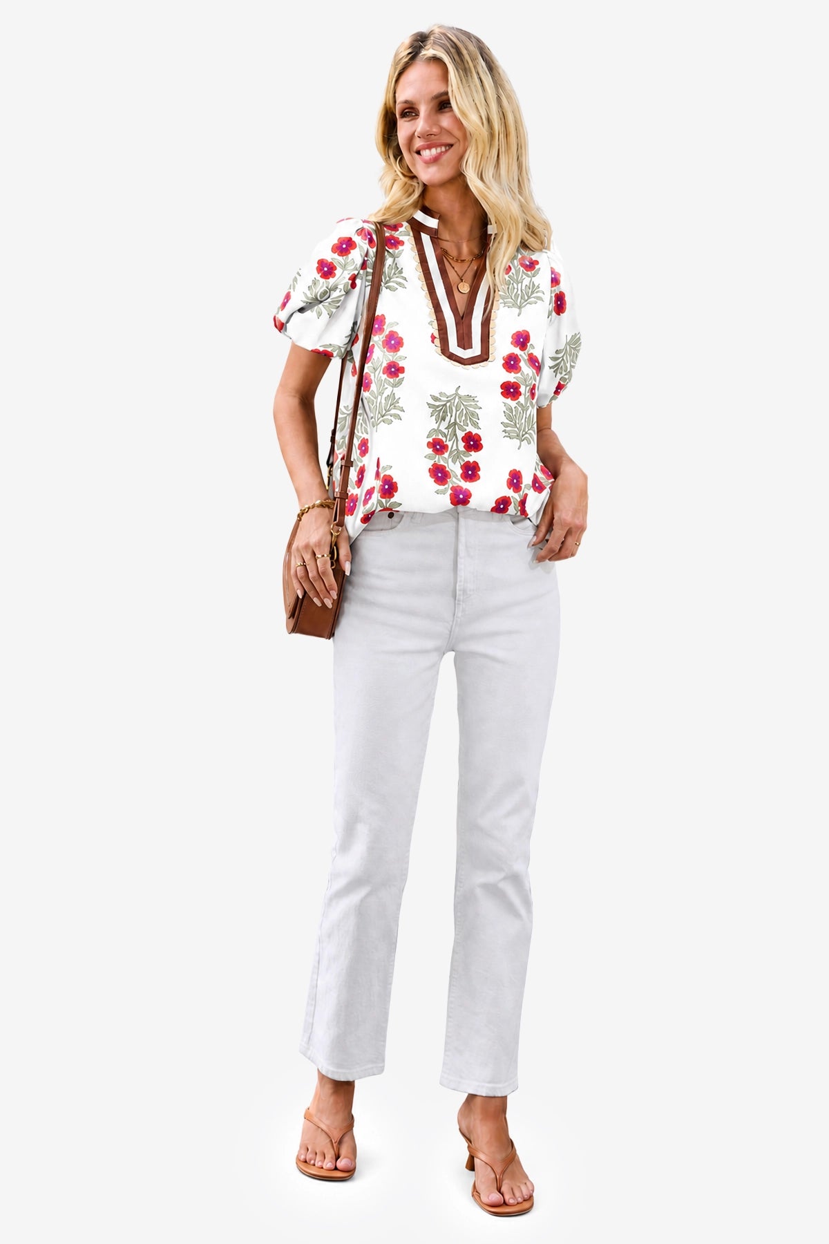 Womens White Floral Short Puff Sleeve Tops  | CicyBell
