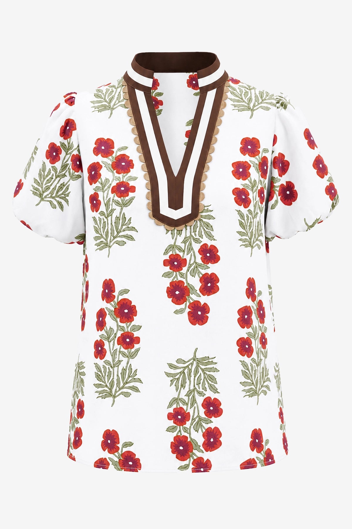 Womens White Floral Short Puff Sleeve Tops  | CicyBell