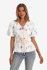 Womens White Puff Sleeve Tie Front Tops | CicyBell
