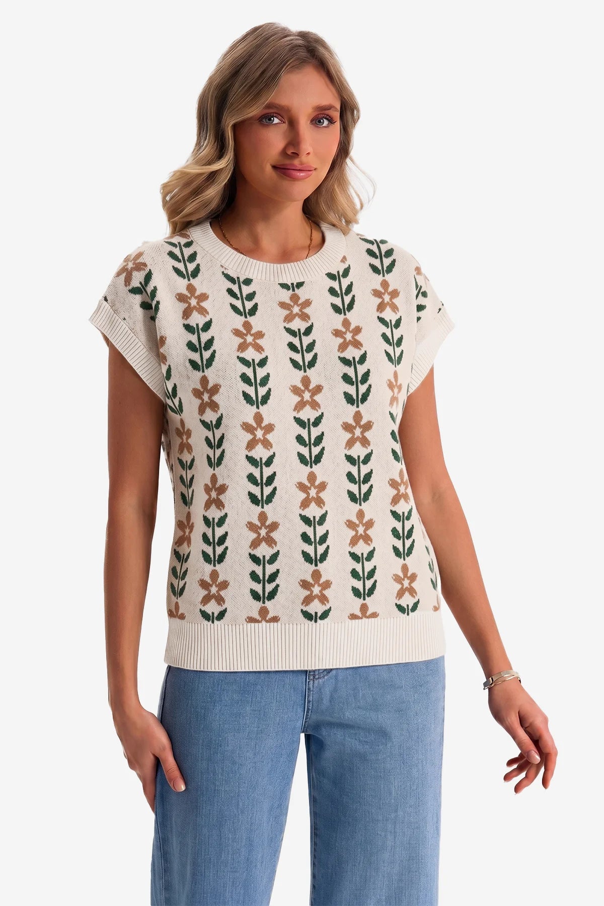 Womens White Flowers Cap Sleeve Sweater Tops | CicyBell