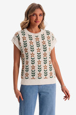 Womens White Flowers Cap Sleeve Sweater Tops | CicyBell