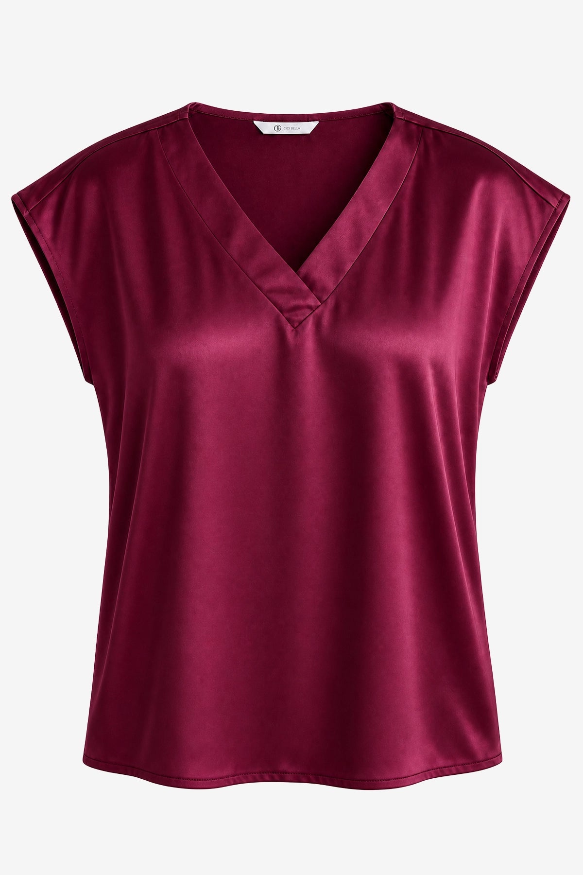 Womens Wine Red Satin Cap Short Sleeve Blouses | CicyBell