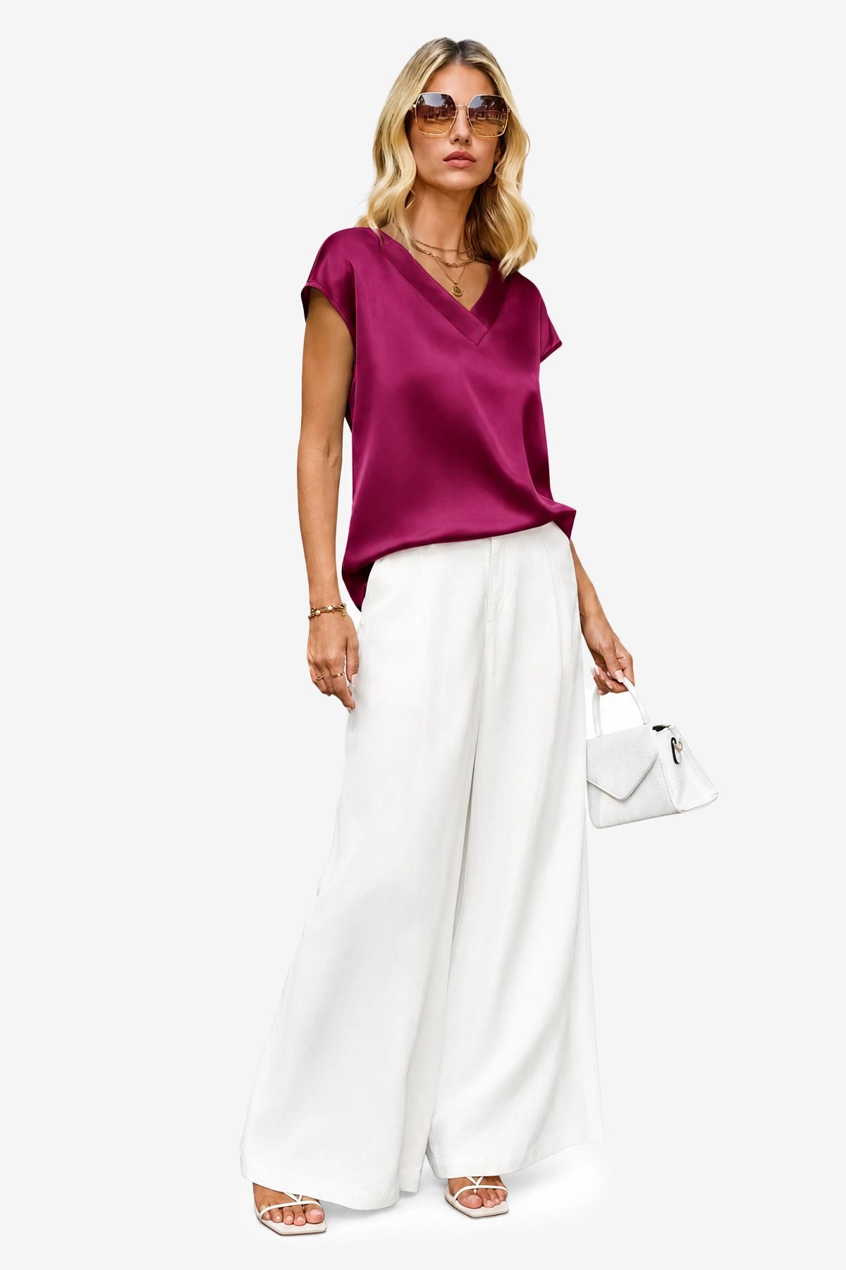 Womens Wine Red Satin Cap Short Sleeve Blouses | CicyBell