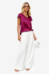 Womens Wine Red Satin Cap Short Sleeve Blouses | CicyBell
