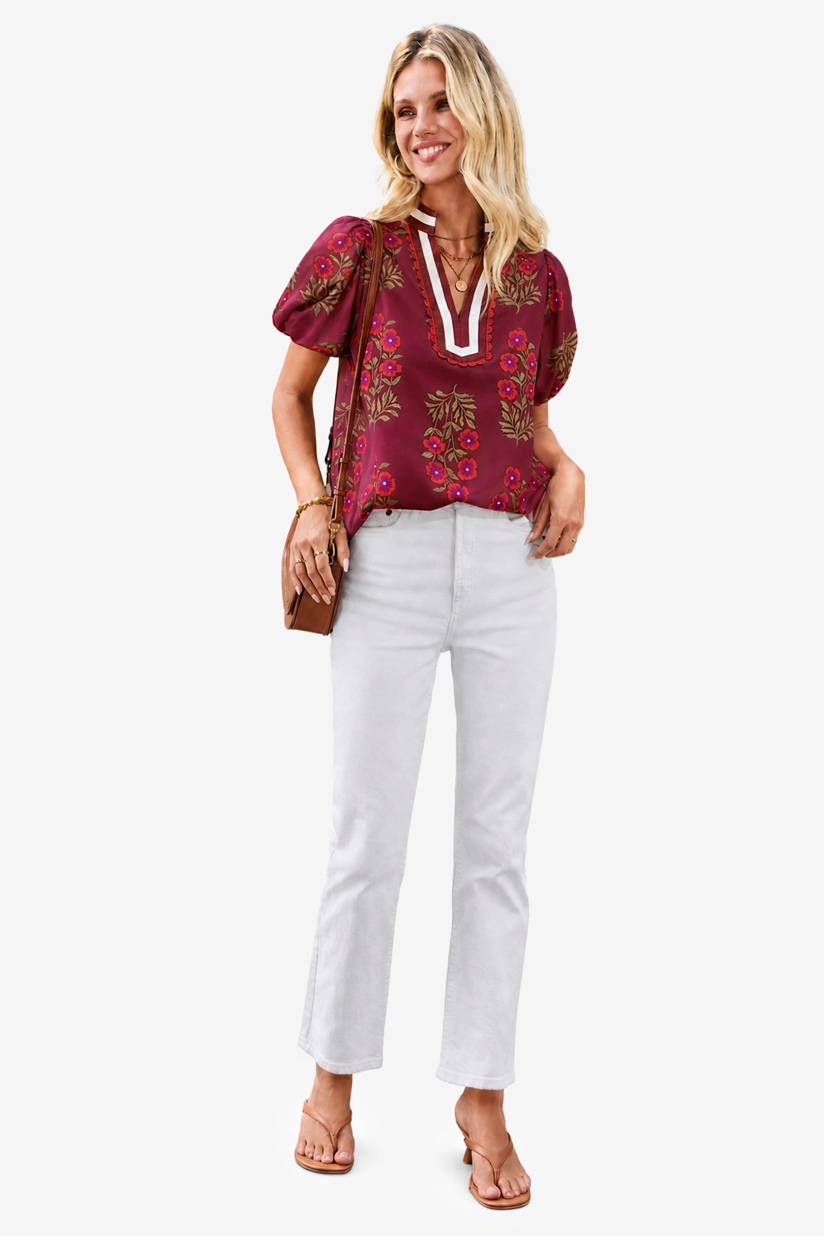 Womens Wine Red Floral Short Puff Sleeve Tops  | CicyBell