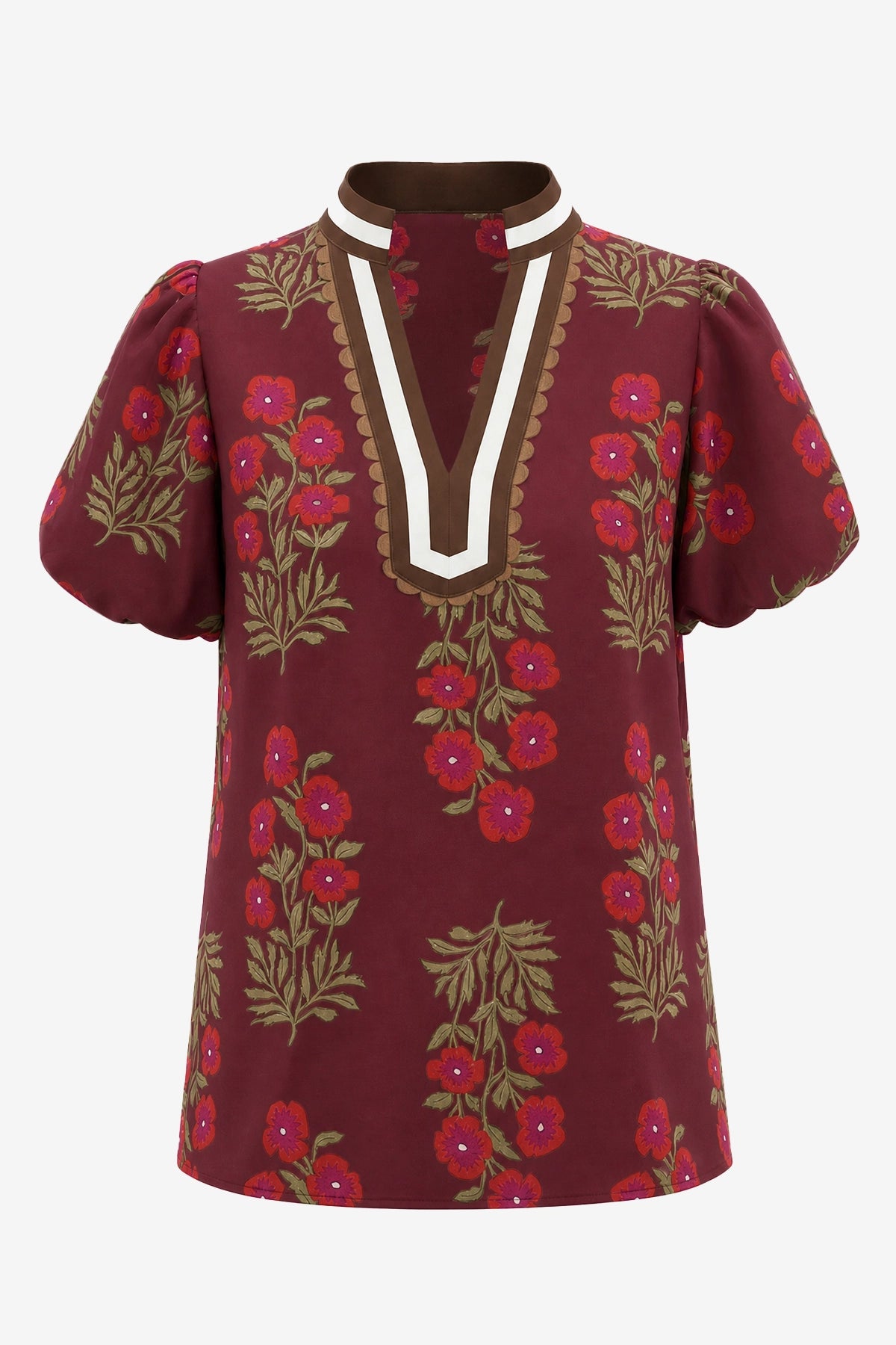 Womens Wine Red Floral Short Puff Sleeve Tops  | CicyBell