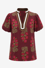 Womens Wine Red Floral Short Puff Sleeve Tops  | CicyBell