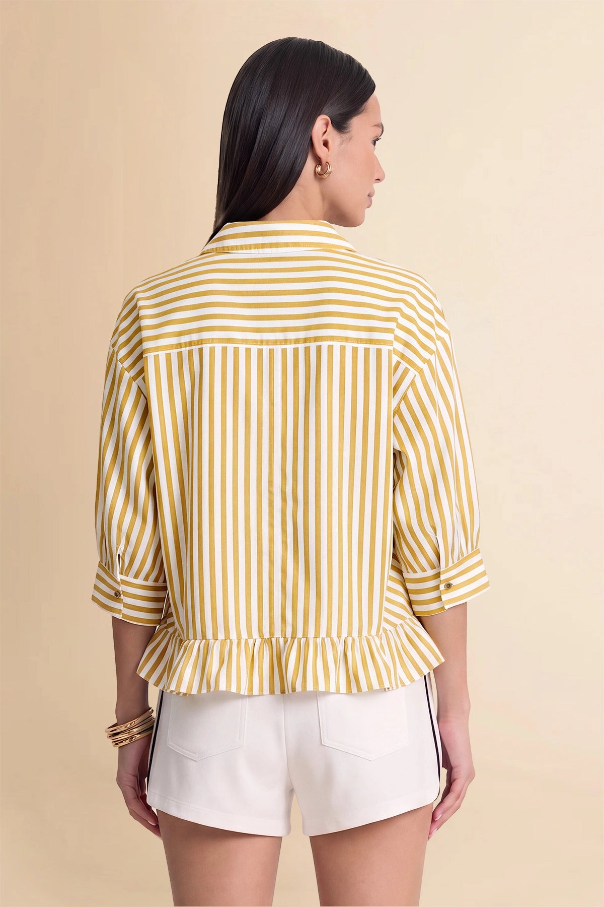 Womens Yellow Ruffle Striped Shirts | CicyBell