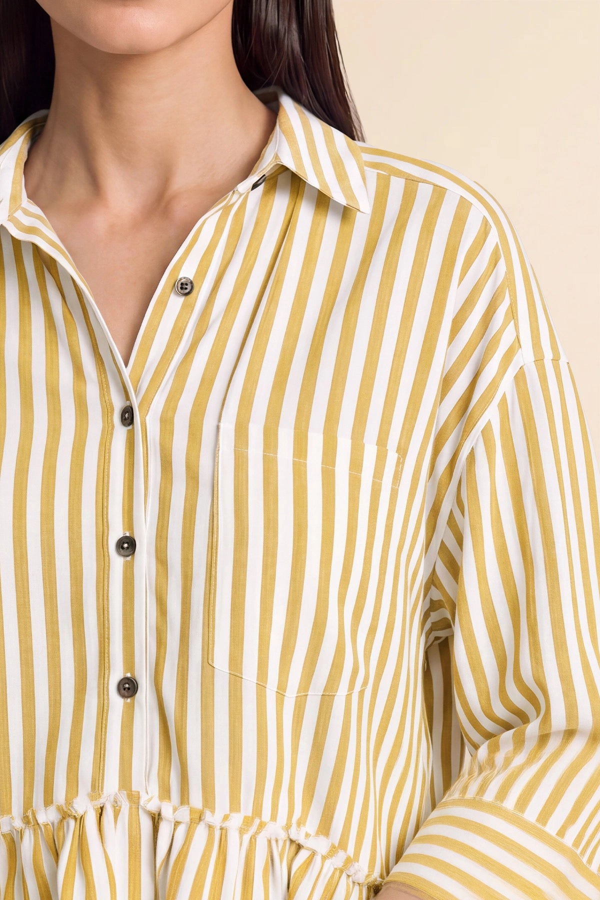 Womens Yellow Ruffle Striped Shirts | CicyBell