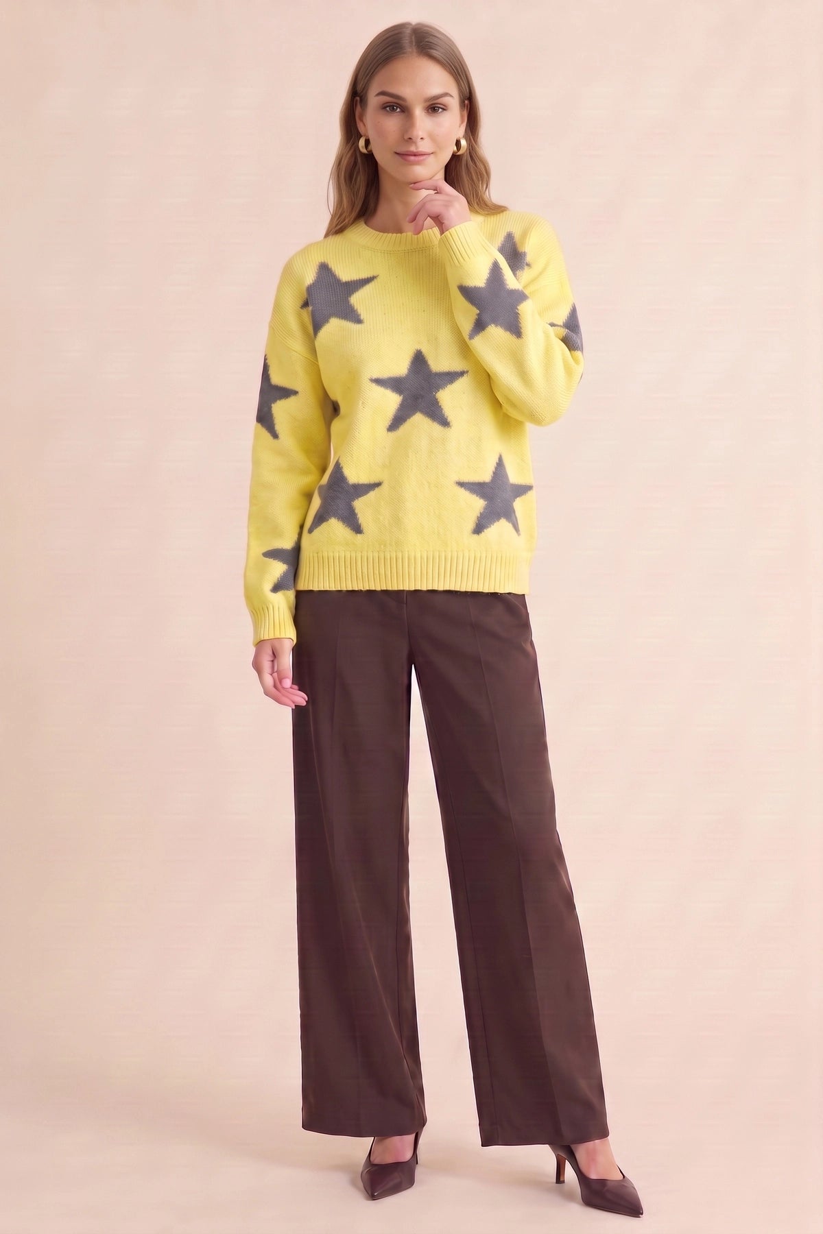 Womens Yellow Star Pattern Pullover Sweater | CicyBell