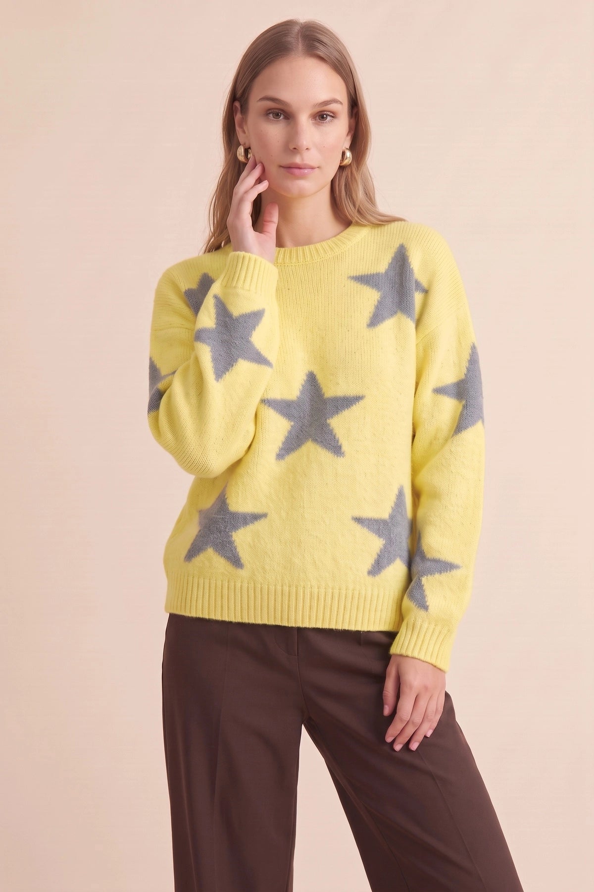 Womens Yellow Star Pattern Pullover Sweater | CicyBell