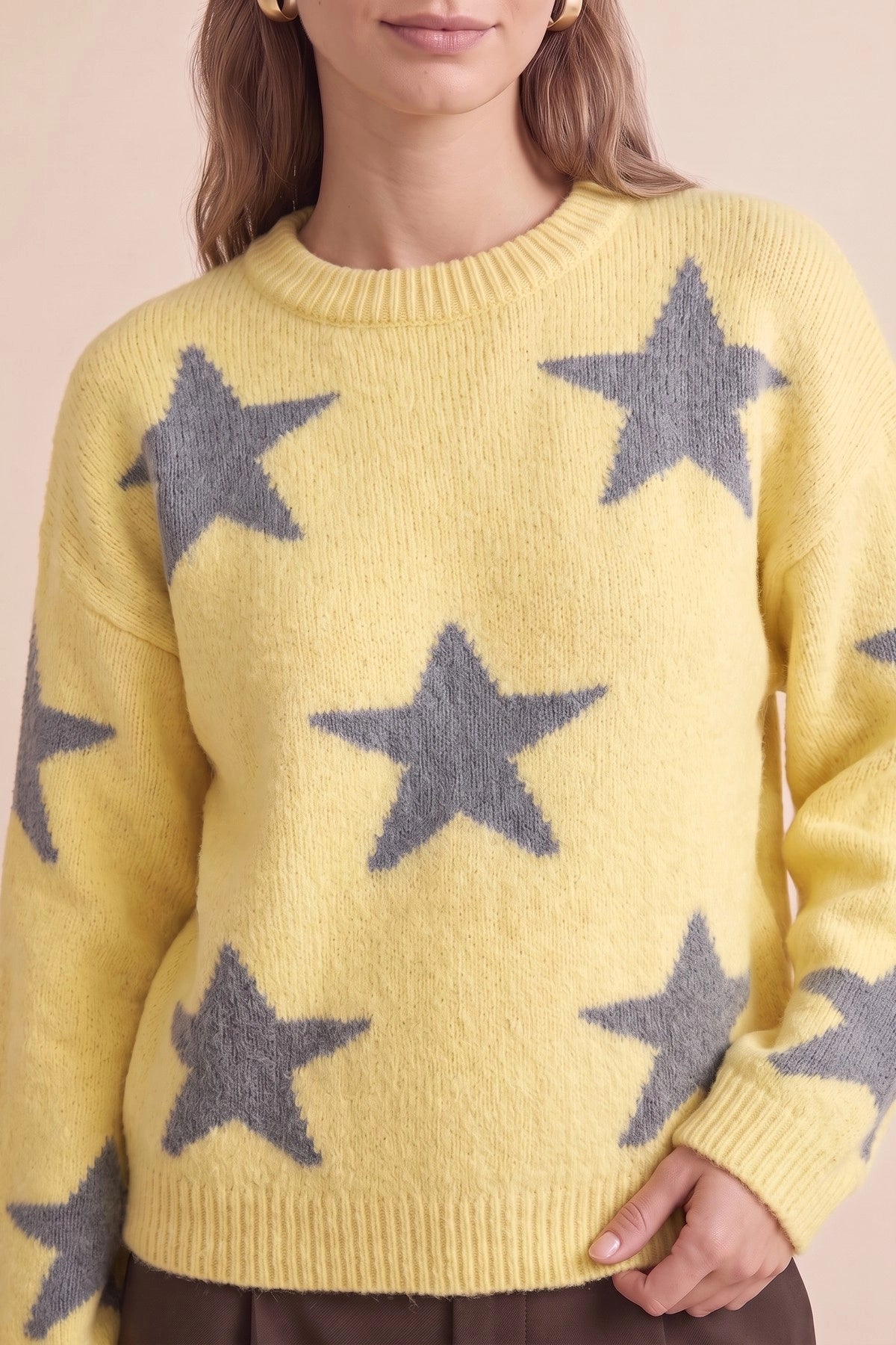 Womens Yellow Star Pattern Pullover Sweater | CicyBell