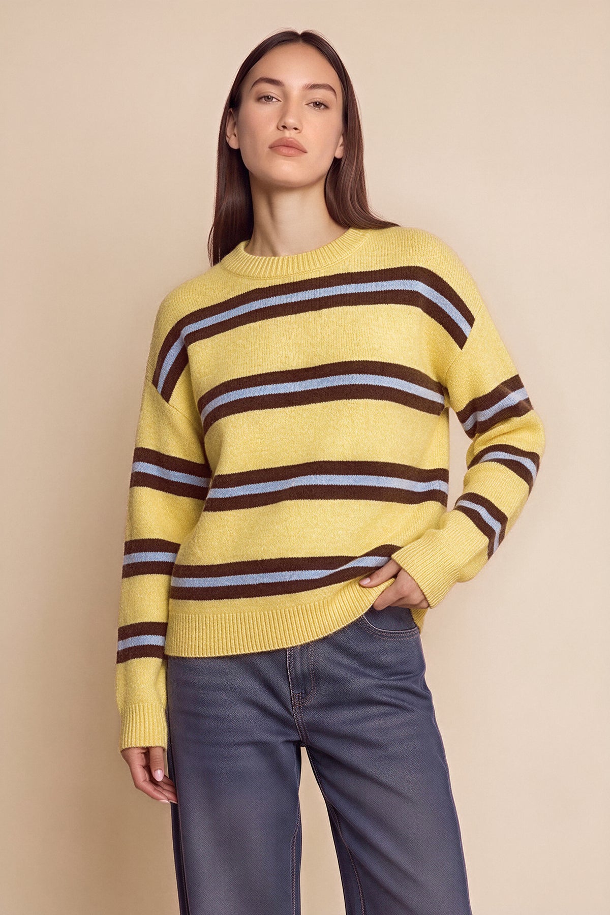 Womens Yellow Striped Pullover Sweater | CicyBell