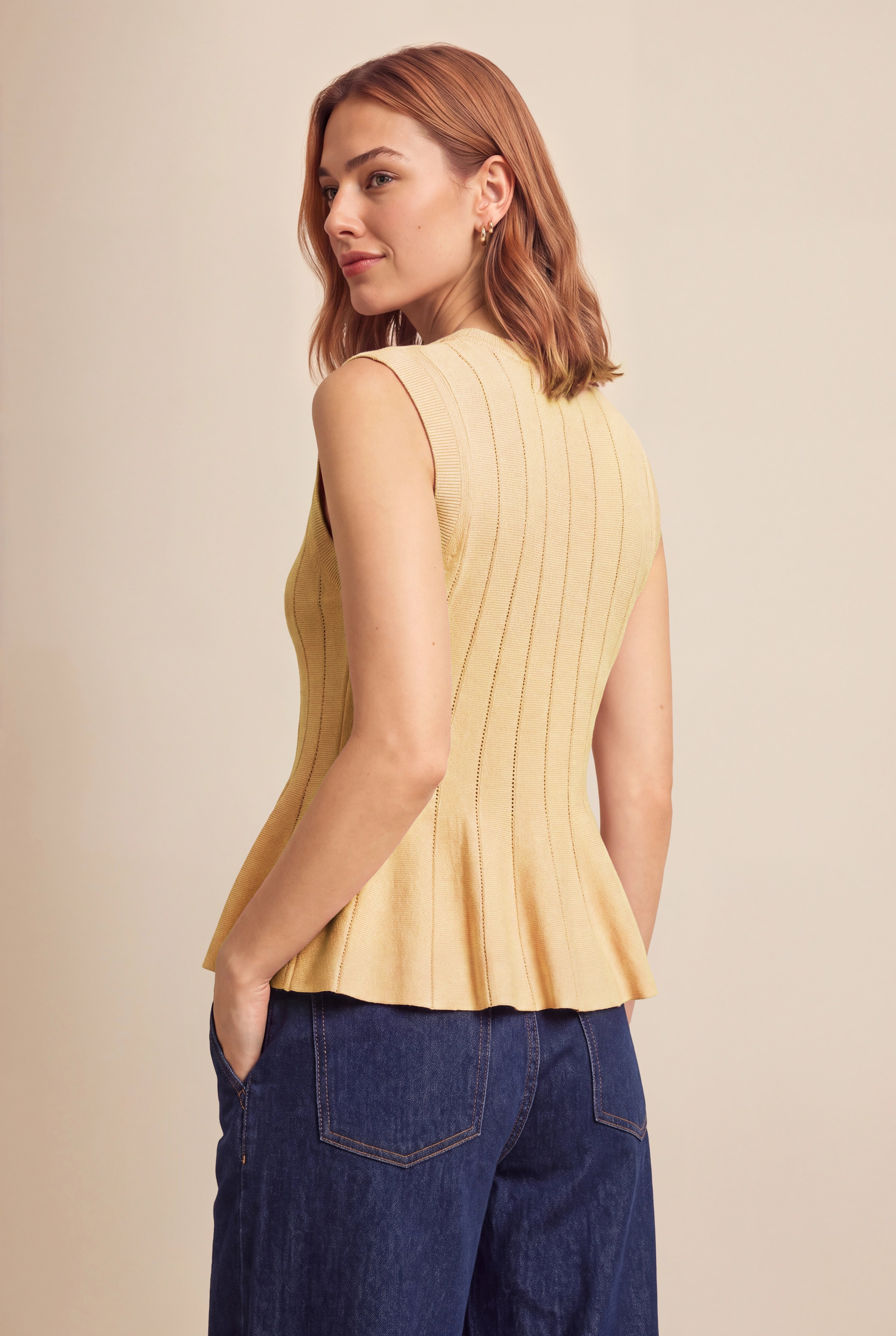 Womens Yellow Pleated Peplum Tank Tops | CicyBell