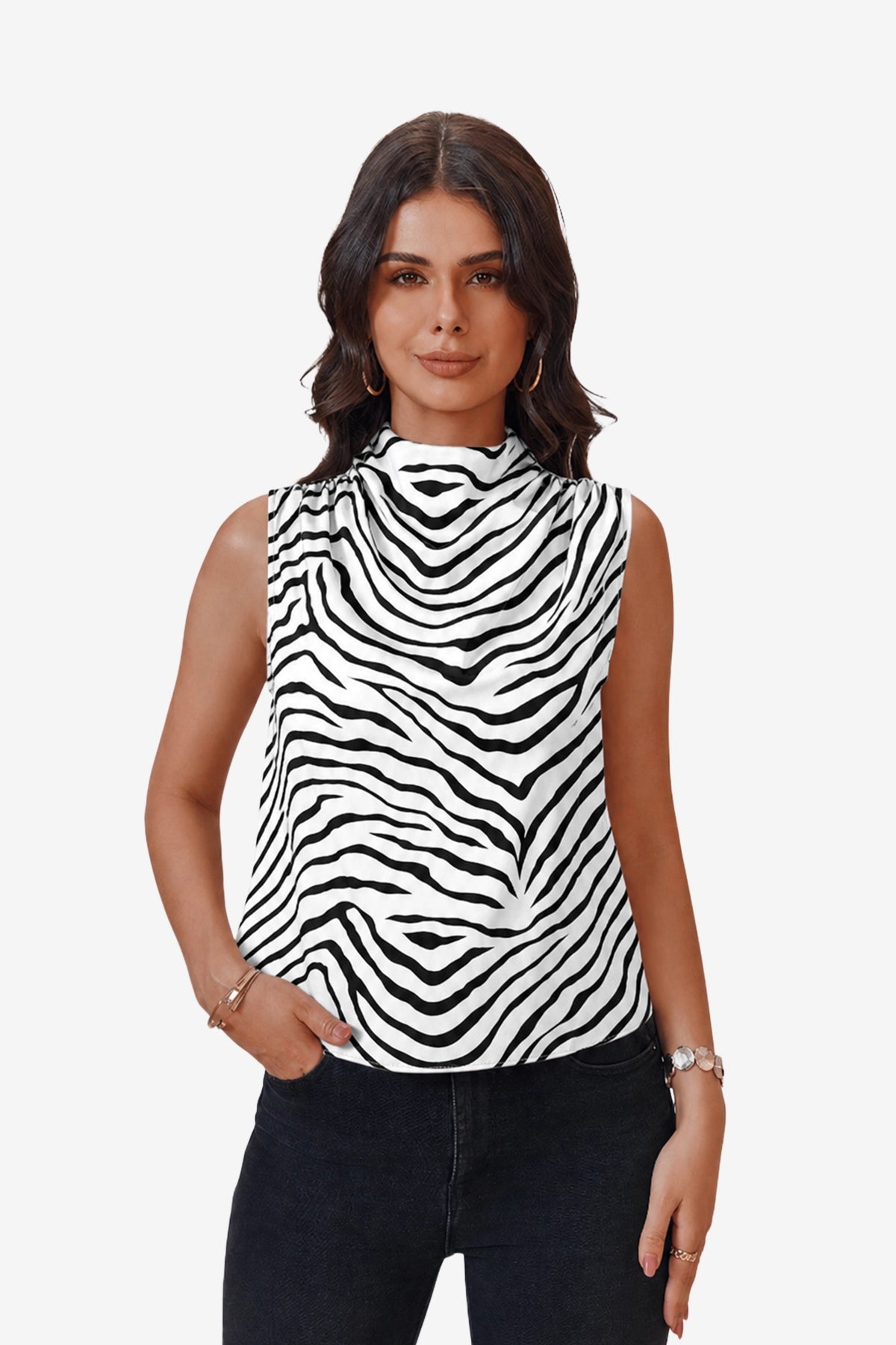 Womens Zebra Mock Neck Satin Tank Tops | CicyBell