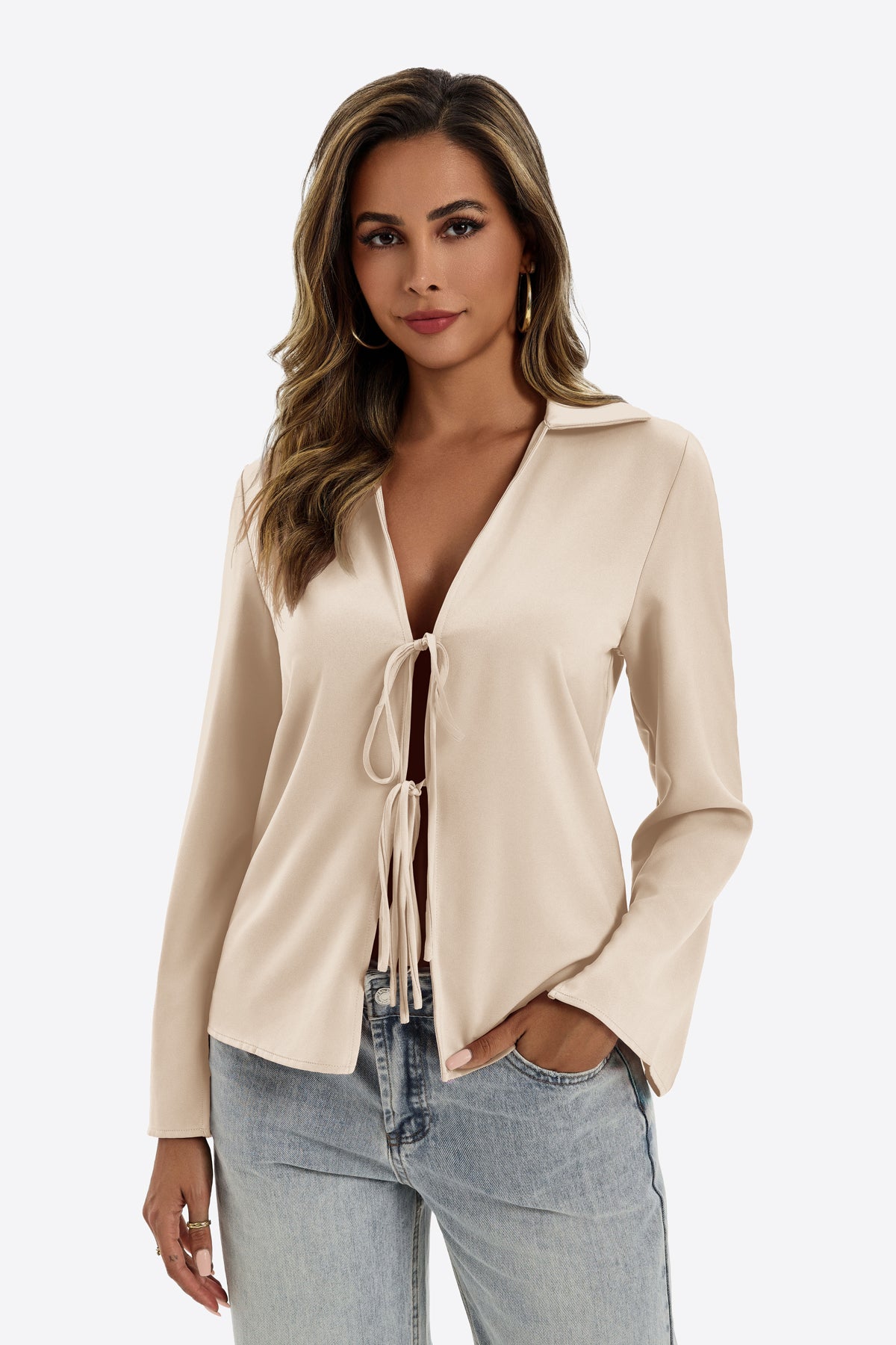 Womens Apricot Satin Tie Front Shirts | CicyBell