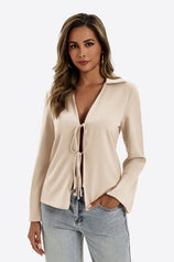 Womens Apricot Satin Tie Front Shirts | CicyBell