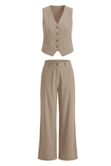 Cicy Bell Women's 2-Piece Vest Set featuring a tailored V-neck button-down waistcoat and flowy wide-leg trousers. Crafted from 100% breathable cotton, this coordinated "Quiet Luxury" suit offers a sophisticated silhouette for professional meetings.