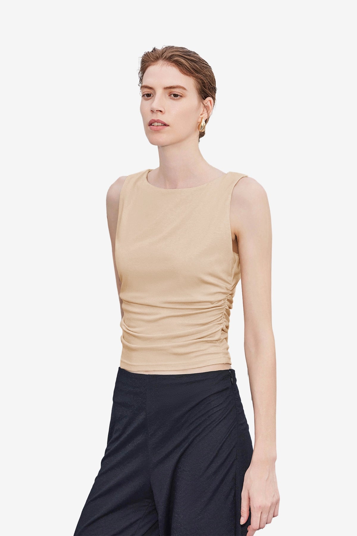 Wrinkle-Free Apricot Ruched Tank Tailored Stretch | CicyBell