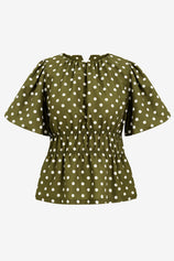 Womens Army Green Polka Dots Peplum Blouses  | CicyBell