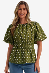 Womens Army Green Polka Dots Peplum Blouses  | CicyBell